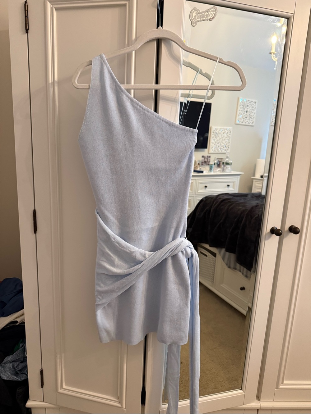 wild fable Pale Blue One-Shoulder Knit Dress with Waist Tie